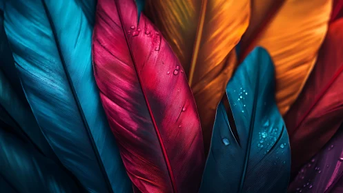 Chromatic macro study of water-beaded avian feather arrays.