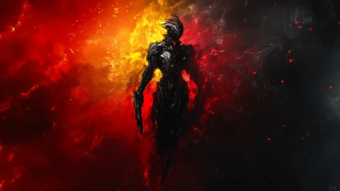 Shadow warrior figure emerges through molten red void