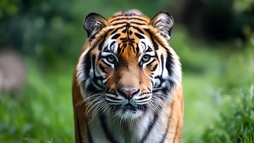 Frontal tiger portrait with telephoto depth-of-field isolation.