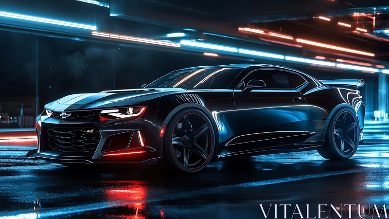 Rendered black sports coupe is parked in neon lit tunnel