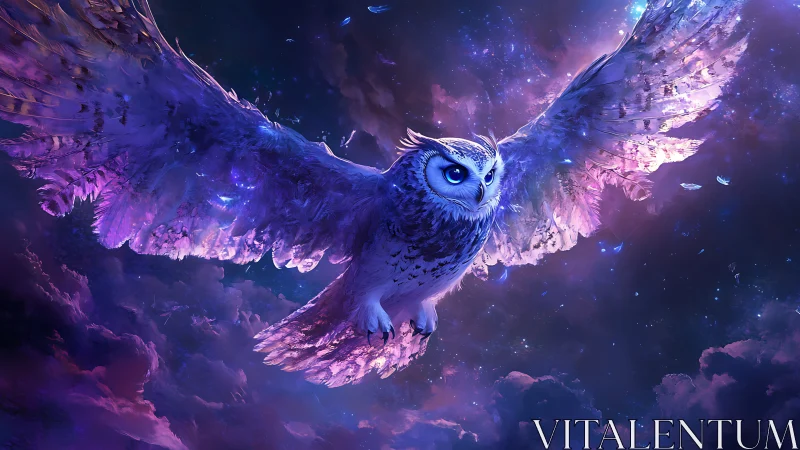 Majestic Owl Soaring Through Dreamy Night Sky in Fantasy Art.