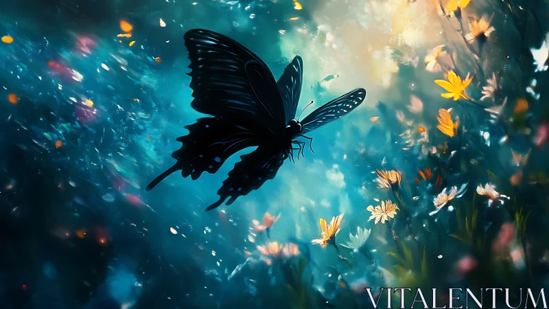 Black butterfly in glowing teal garden with wildflowers.