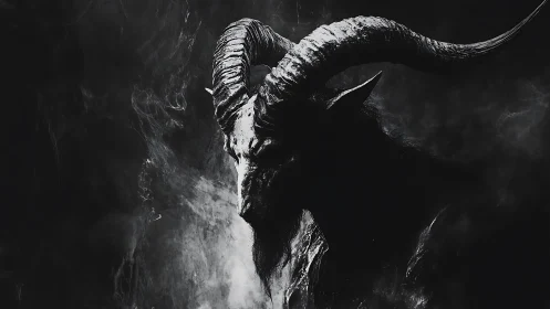Midnight horned titan emerging from smoke and shadowed dread.