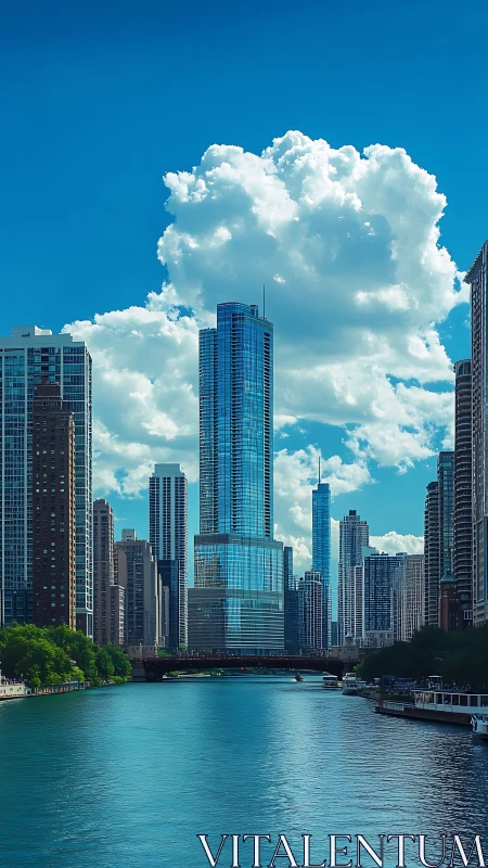 Sparkling riverfront skyscrapers beneath towering clouds.