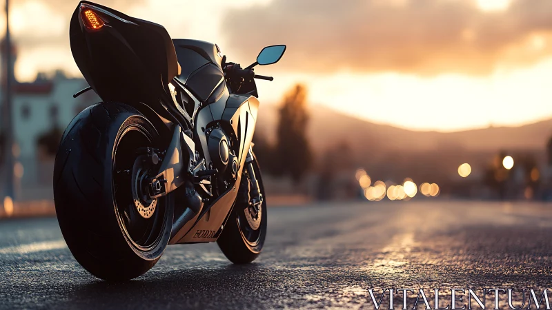 Midnight superbike waits for sunrise on a glowing city road