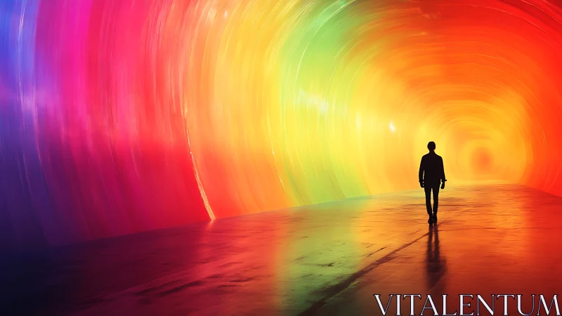 Silhouette strolling the chromatic tunnel of quiet wonder.