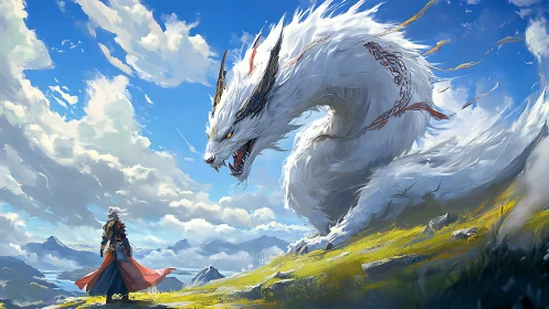 Skyward meeting with a gentle white dragon guardian.