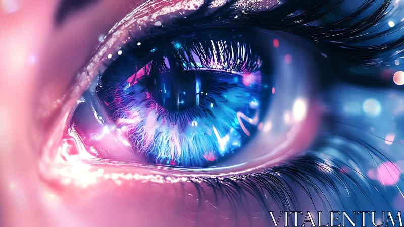 Cybernetic blue eye glows with neon reflections and light.