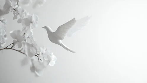 White stylized bird hovers beside light blossoms on branch