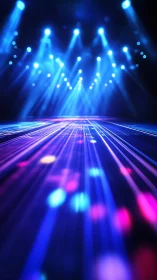 Neon stage beams with dynamic blue spotlights and bokeh.