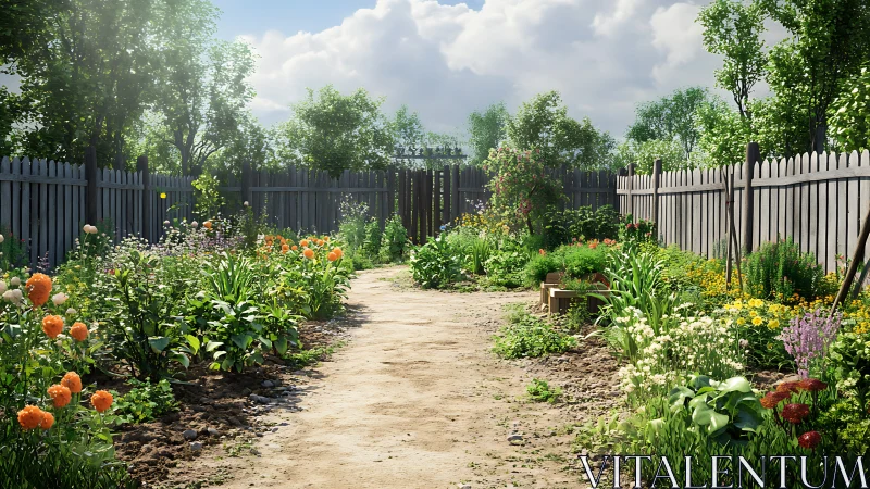 Sunny cottage garden path lined with colorful summer blooms.