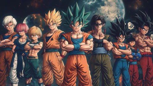 Dragon Ball Z warriors lined up in front of moonlit space.