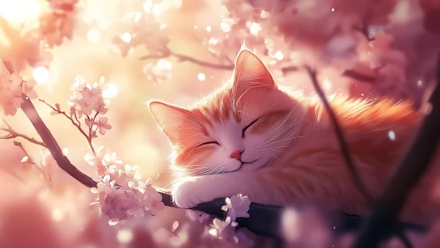 Serene Cat Resting Among Cherry Blossoms in Golden Sunlight