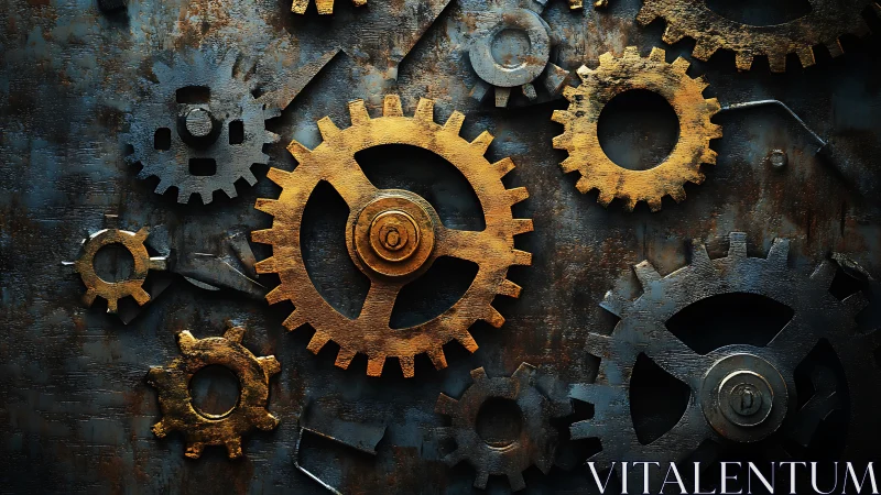 Interlocking brass and steel gears on weathered metal wall