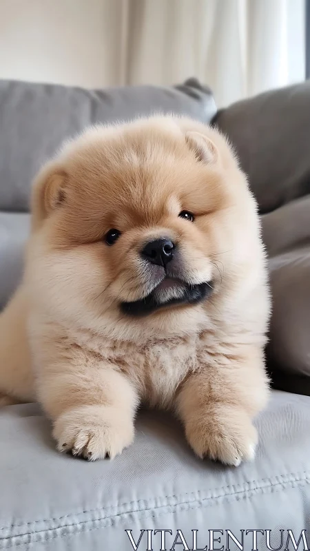 Fluffy couch companion, a chubby chow chow puppy relaxing.