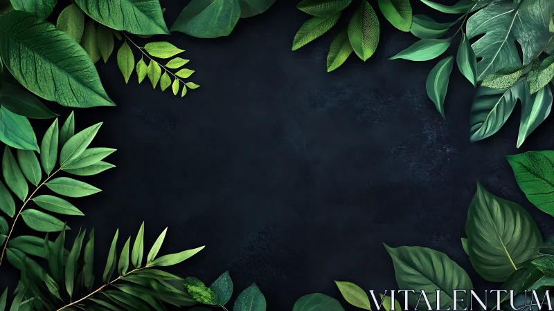 Botanical foliage frame surrounding dark textured background.