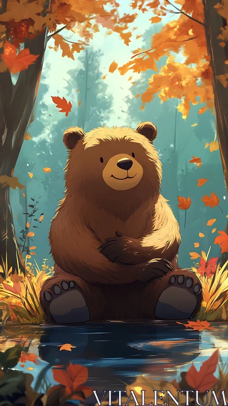 Cute brown bear resting beside calm autumn forest pond.
