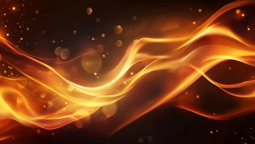 Luminous flowing waves with particle effects on dark background.