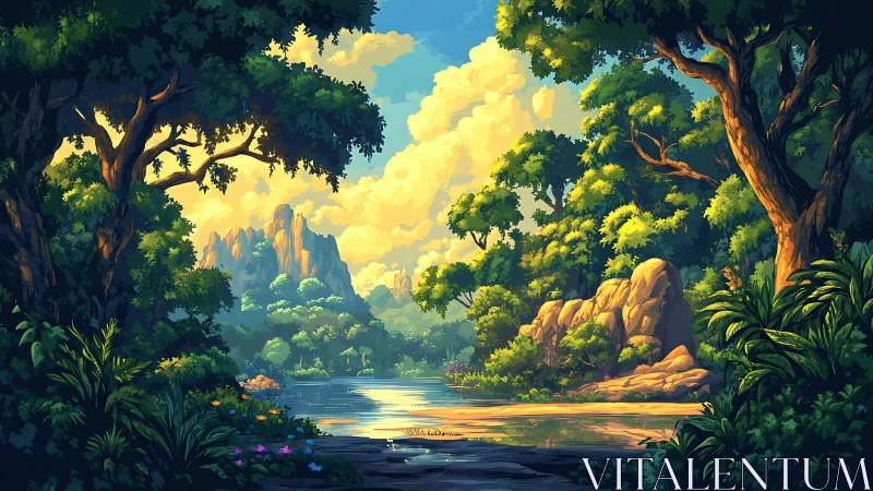 Lush jungle landscape with river, ancient rock formations and towering trees