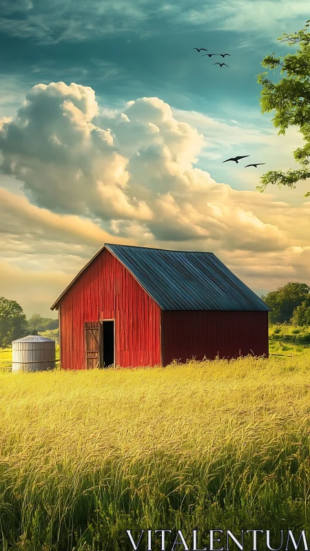 Sunlit red barn resting calmly beneath summer clouds.