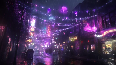 Neon soaked alleyway glows under rain and hanging lights