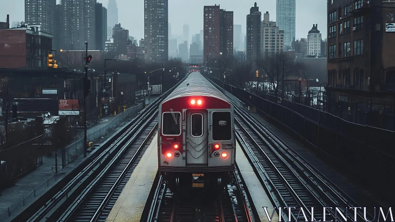 Subway train on elevated tracks in gray urban skyline.