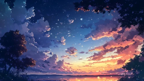 Twilight clouds drift upward as stars quietly claim the sky