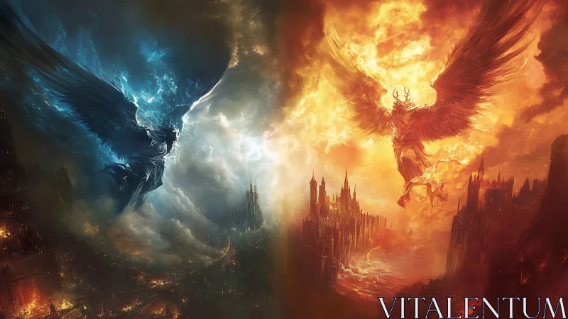 Celestial duel splits blue storm and burning citadel.