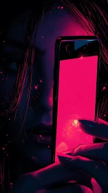 Neon smartphone glow obscures cyber-noir portrait in shadow