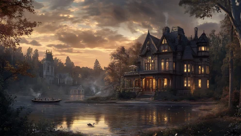 Lakeside manor aglow at dusk with gentle storybook warmth.