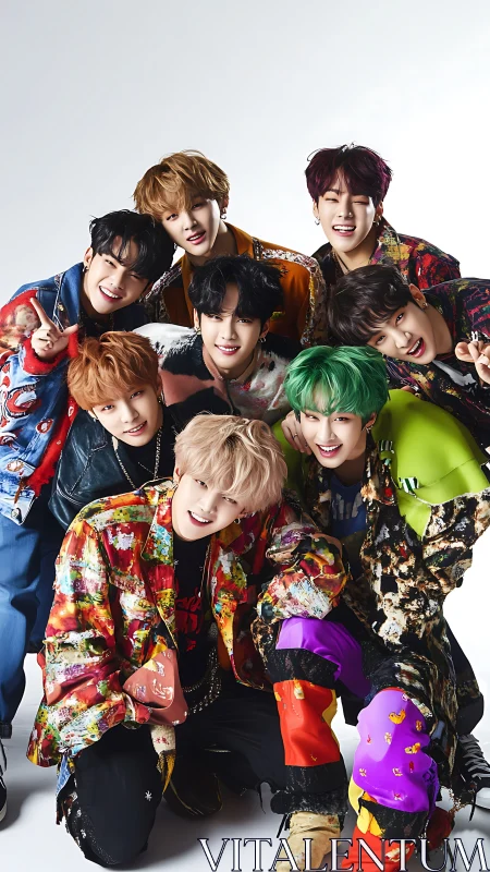 Eight-person group portrait shows colorful layered streetwear