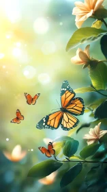 Multiple orange butterflies move among illuminated foliage