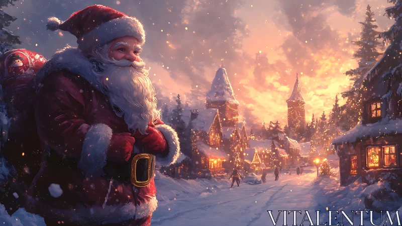 Santa in snowy village at golden winter sunset.