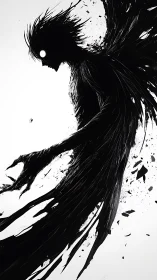 High contrast ink silhouette of spectral winged shadow entity