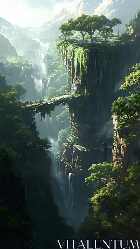 Verdant cliffs with waterfalls and stone bridge plateau.
