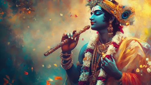 Chromatic deity portrait with flute, floral garlands, and aureate halo.