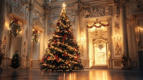 Golden holiday tree glowing inside a grand winter hall.