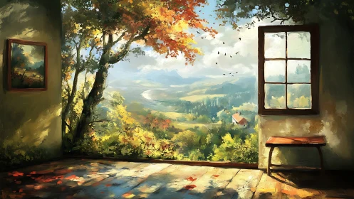 Digital painting interior vista with luminous autumn landscape.