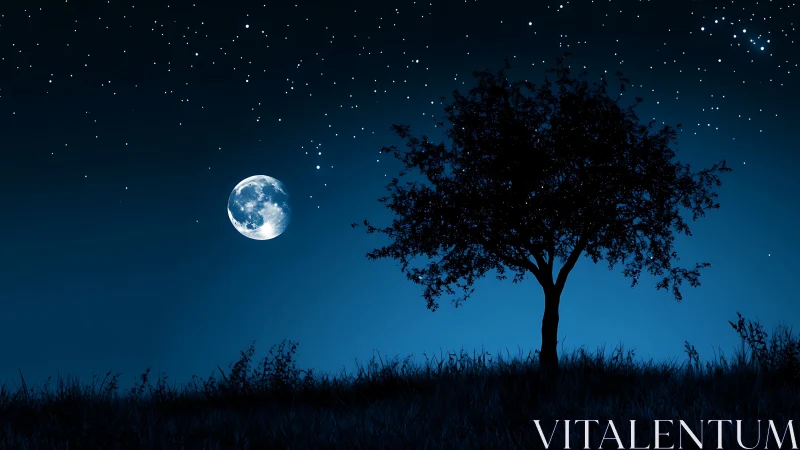 Silhouetted tree against high-contrast moon under dense starfield