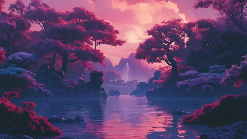 Chromatic fantasy riverine forest under magenta dusk sky.