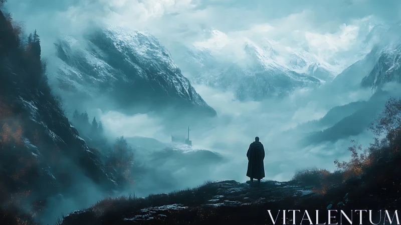 Lone cloaked figure overlooking fogbound alpine valley.