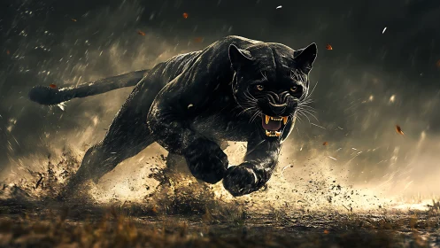 Snarling Black Panther Charging Through Dust Storm with Bared Fangs