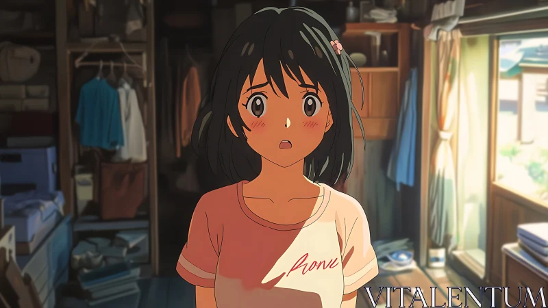 Surprised anime girl stands in a softly sunlit bedroom