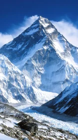 High-altitude glaciated peak under clear cobalt blue sky