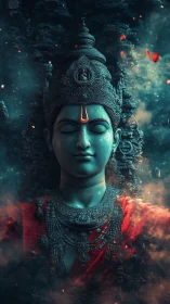 Mythic stone deity in nebular plume with emissive tilaka mark.