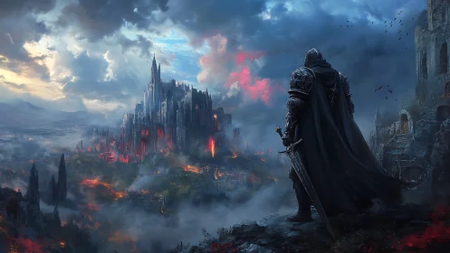 Storm-wreathed citadel burns while a lone dark knight watches