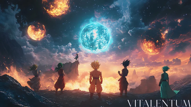 Starlit Saiyan standoff beneath colliding cosmic suns.