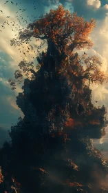 Towering rocky tree island under dramatic cloudy sky.