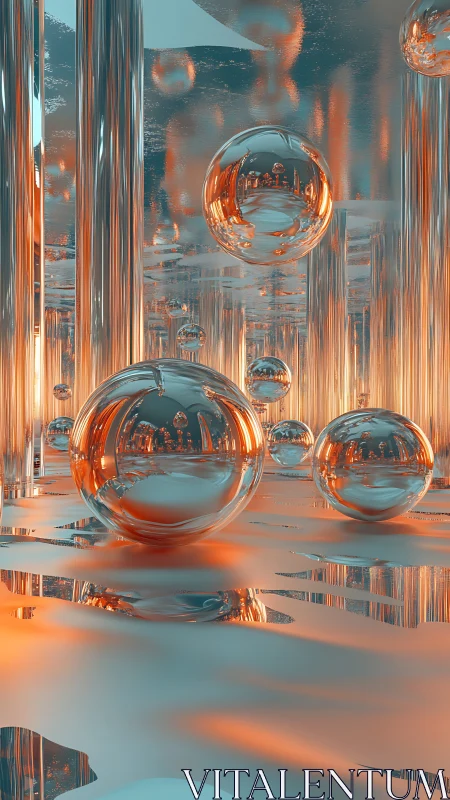 Chromed spheres in reflective orange blue corridor.