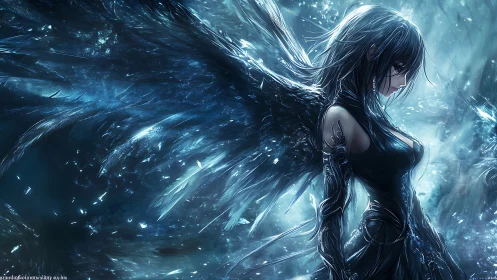 Dark winged angel stands amid storm of shattering ice.
